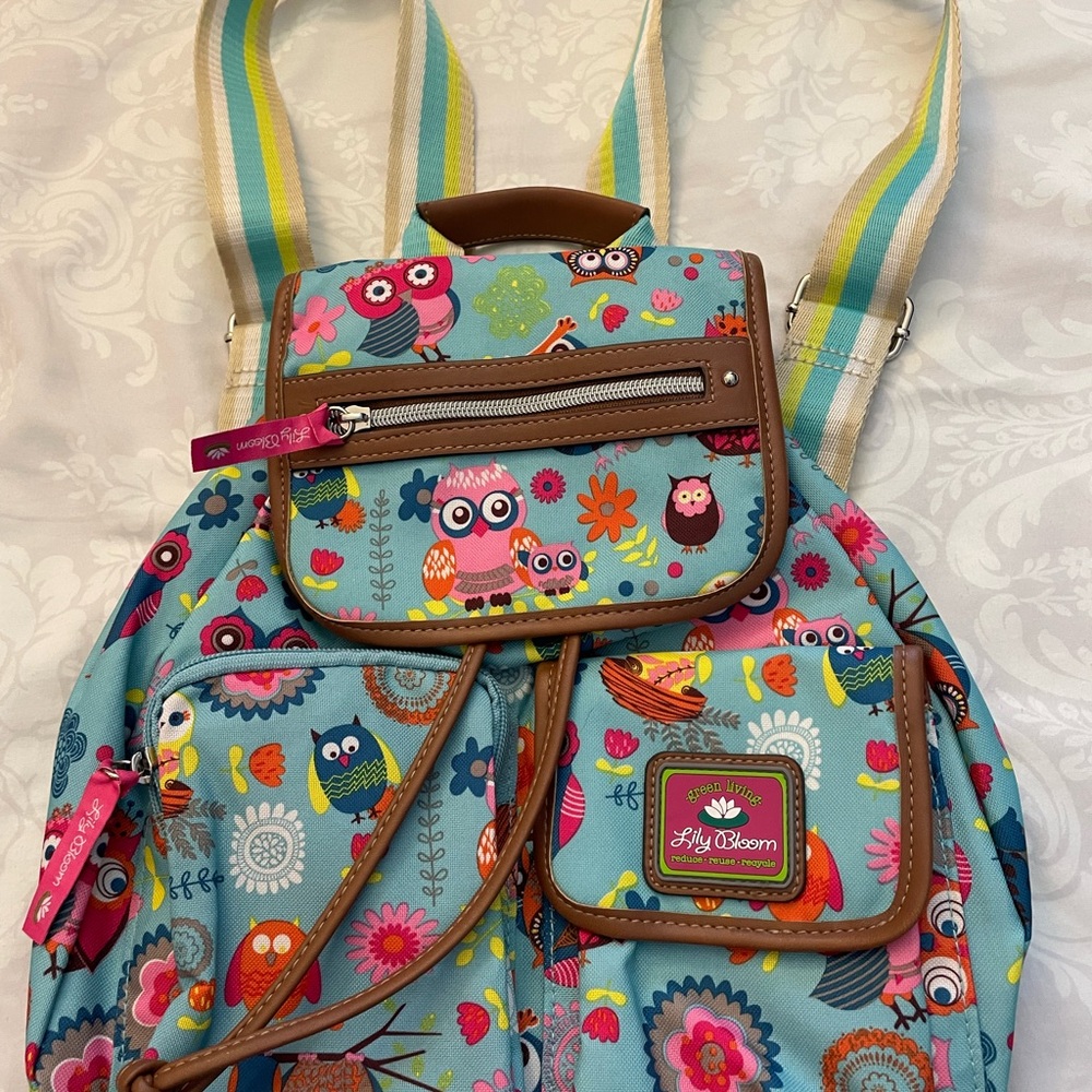 Lily Bloom Turquoise Owl Print Mini Backpack with Multicolor Accents